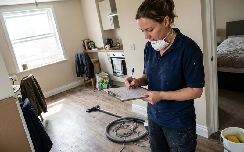 Cleaner ticking rooms off a task list on a clipboard