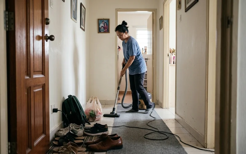 Cleaner vacuuming a family home hallway mid-task