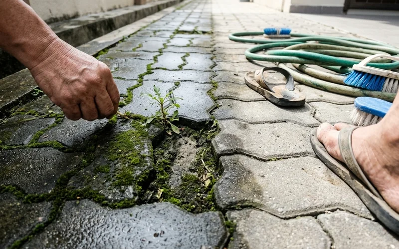 Algae and moss growing in damp paver joints