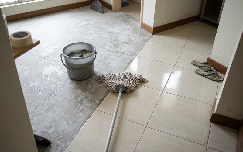 Tile floor half cleaned, showing haze removed on one side