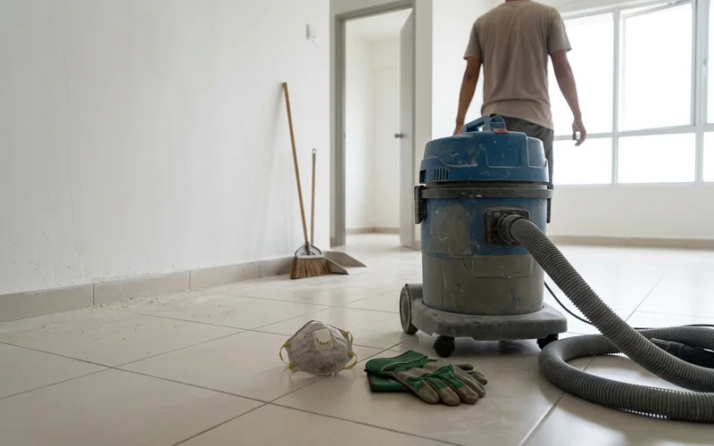 Industrial vacuum and dust mask ready for a builders clean