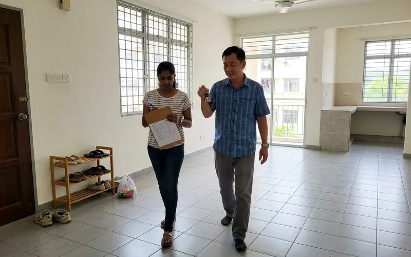 Landlord and tenant walking through an empty apartment at handover