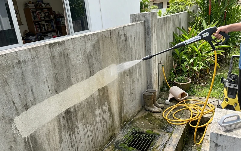 Perimeter wall being jet washed