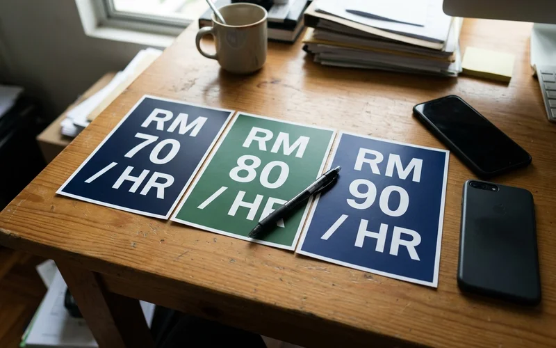 Three-tier hourly pricing layout showing RM70, RM80 and RM90 rates