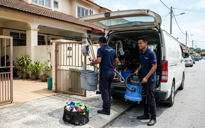 Two cleaners in branded shirts unloading equipment from a vehicle