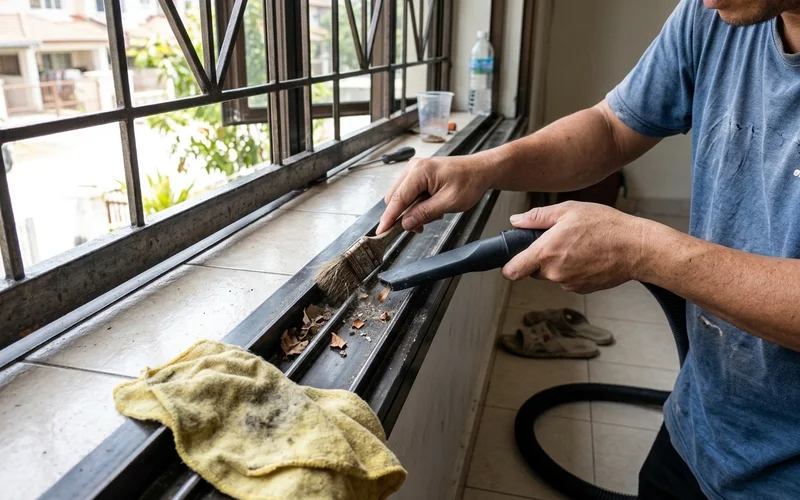 Window track and grille being cleaned of trapped dust