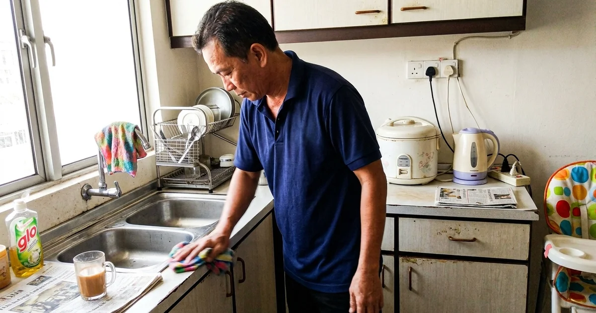 Cleaner wiping a bright Ipoh kitchen counter in morning light