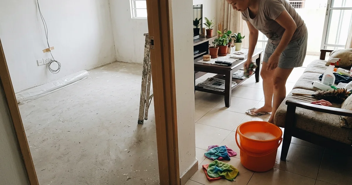Split scene: a dusty renovated room and a lived-in home being deep cleaned