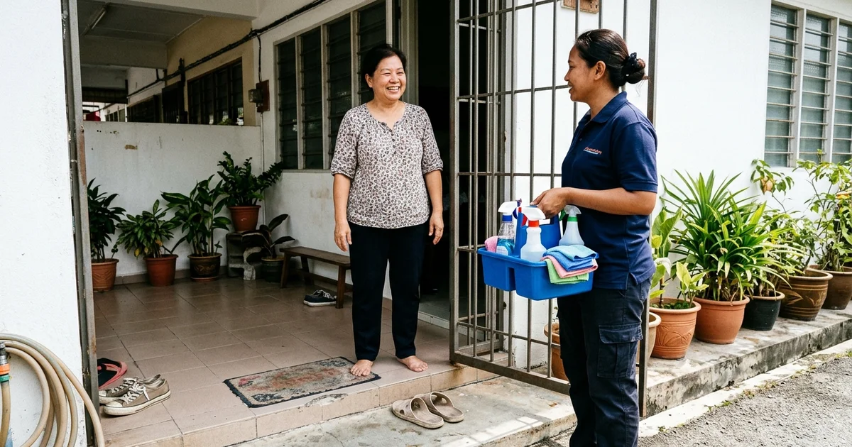 Uniformed cleaner greeted at the door by a homeowner