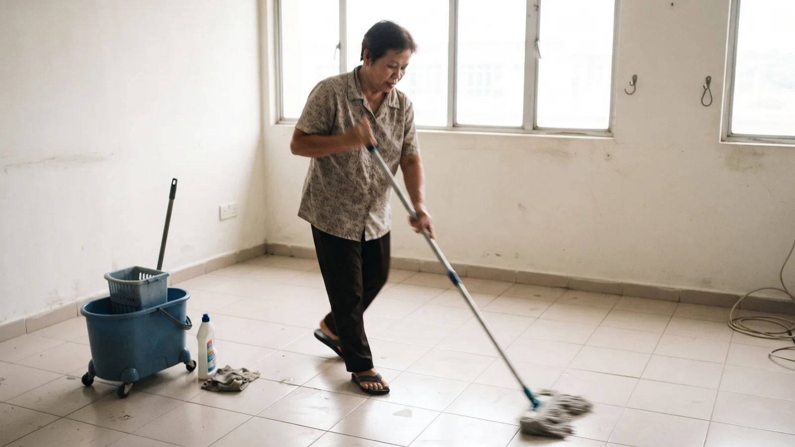 Cleaner mopping an empty Ipoh rental unit before handover