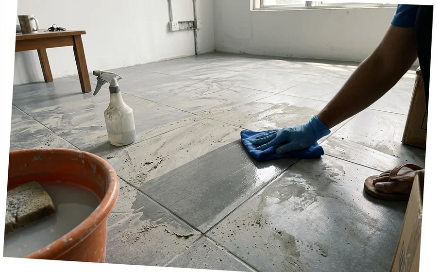 Wiping cement haze off new floor tiles after renovation