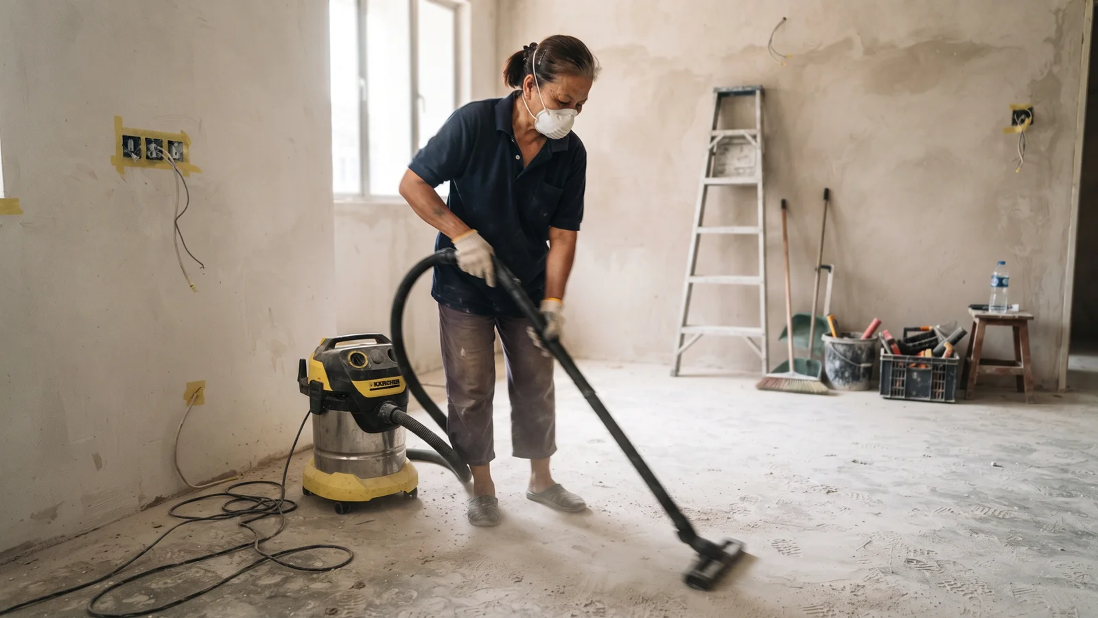 Cleaner extracting fine cement dust from a freshly renovated Ipoh living room