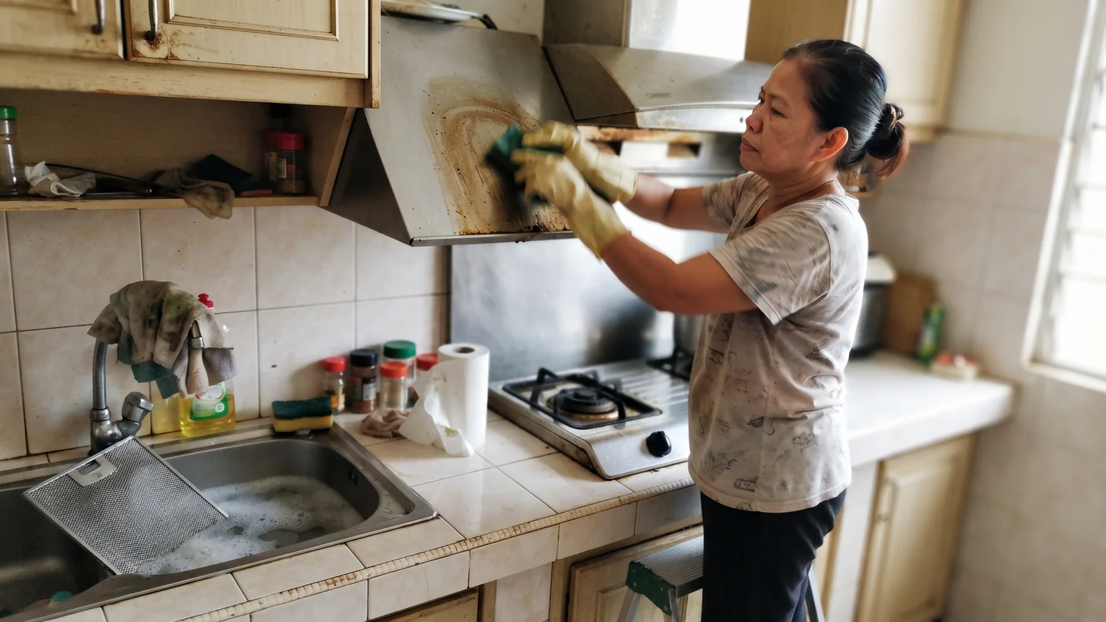 Cleaner scrubbing built-up grease from a kitchen range hood during a deep clean