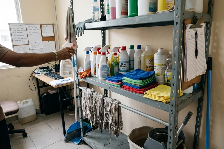 Cleaning supplies and equipment organised on shelves