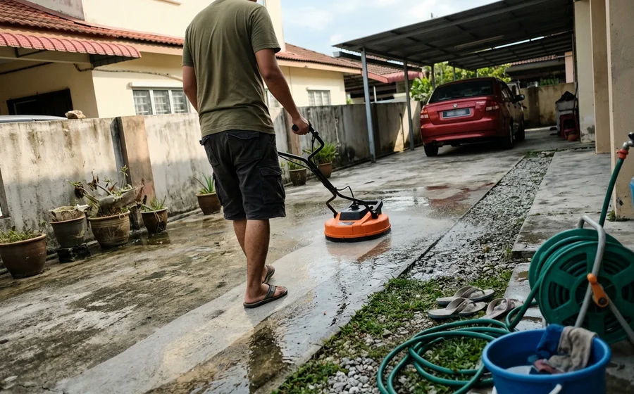 Rotary surface cleaner clearing a driveway