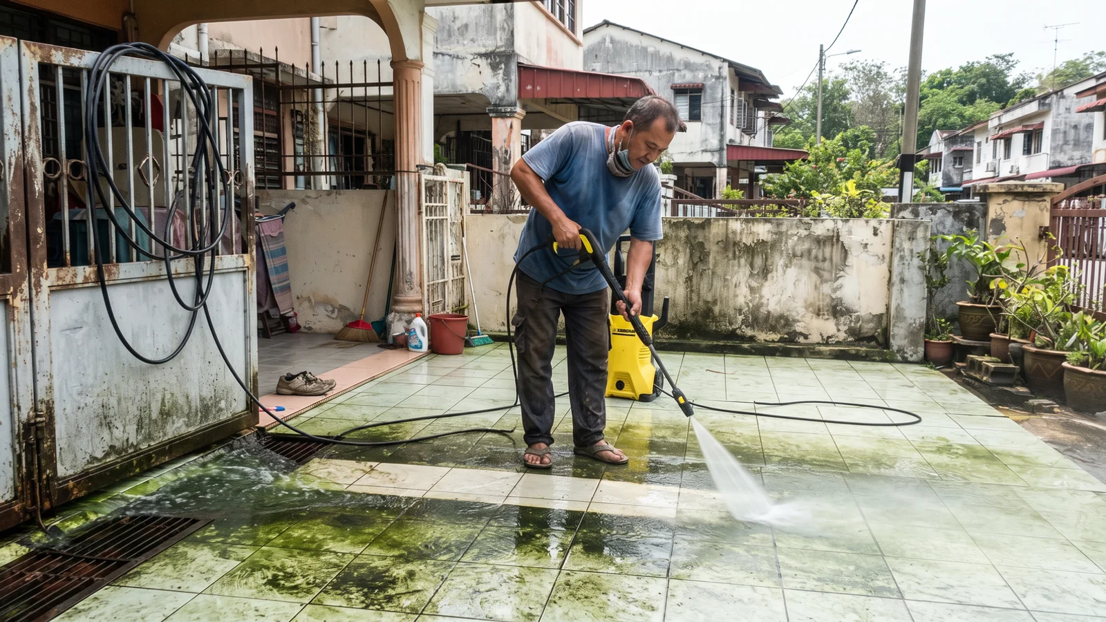 Worker pressure washing green algae off an Ipoh car porch